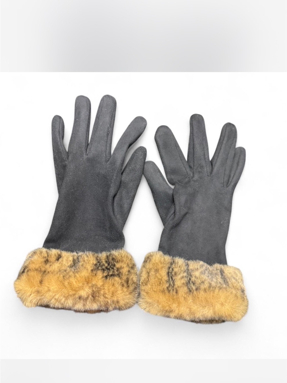 Black Faux Suede Gloves with Tan Faux Fur Cuff